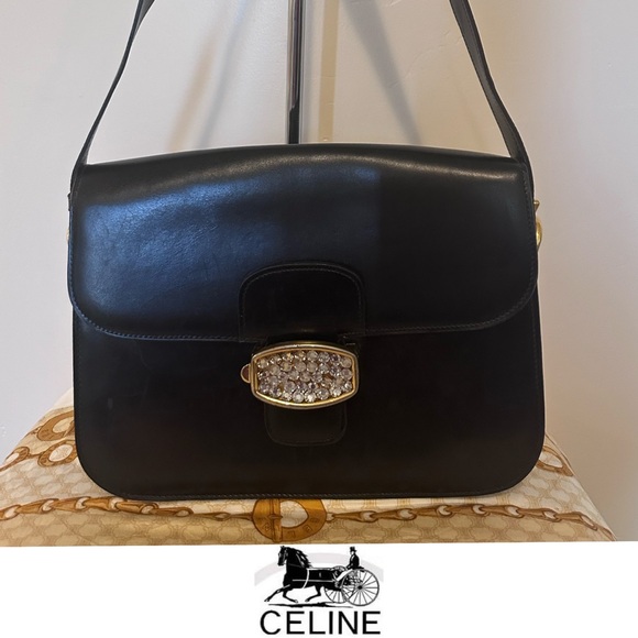 Authentic Celine Paris Black Leather Horse and Carriage Gold Flap Bag with scarf - Picture 1 of 15